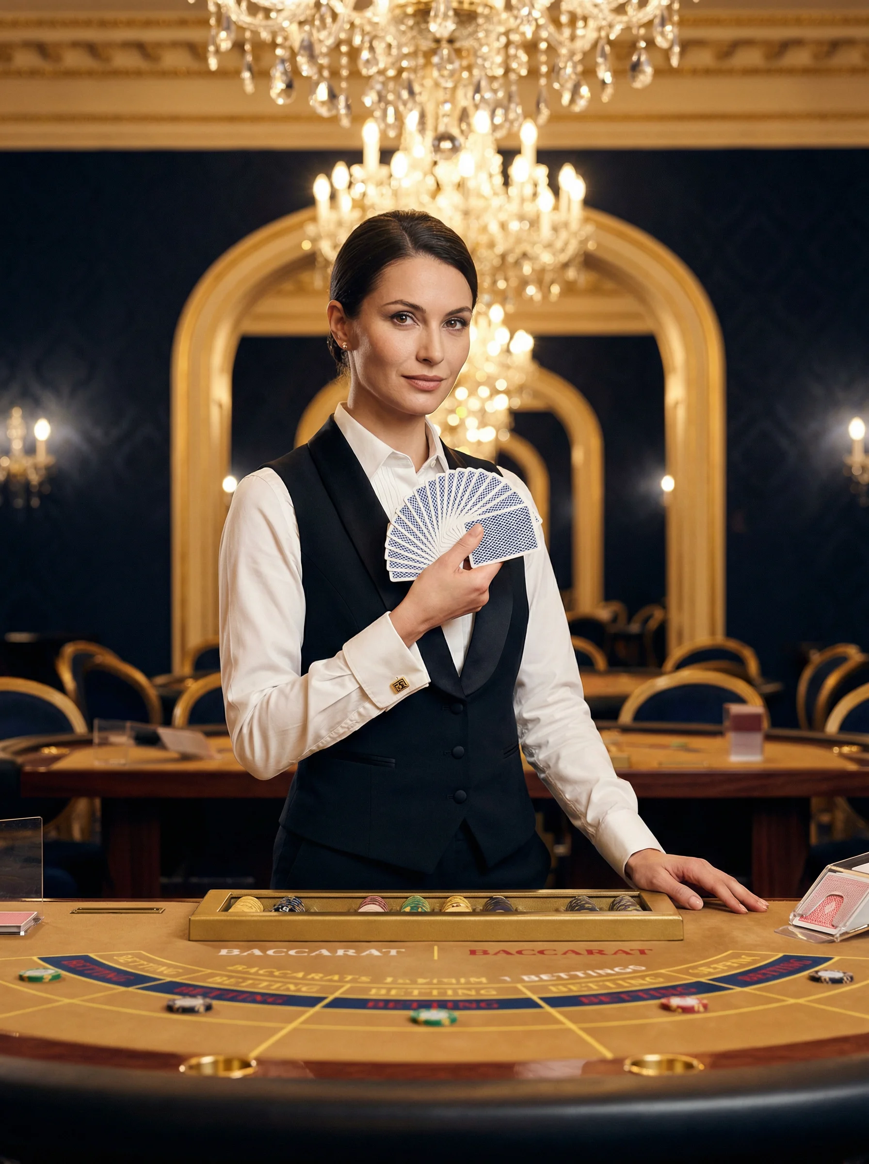 专业优雅的荷官在 AG真人 牌桌前服务，展现卓越风采
